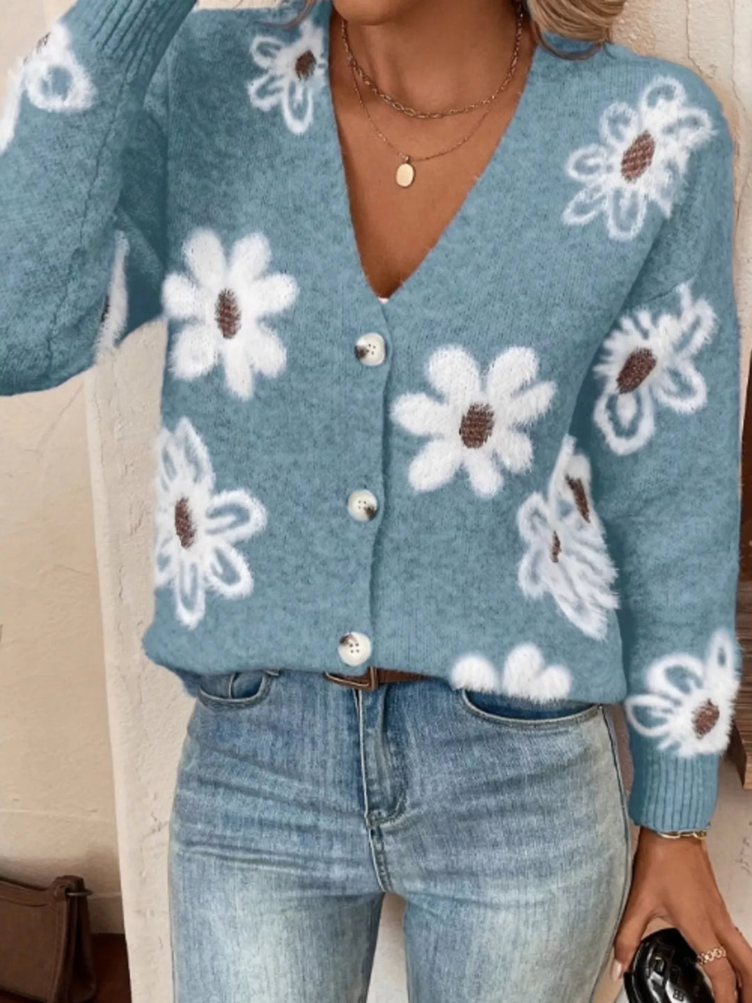 Peacock Blue Fuzzy floral knit button-up V-neck cardigan