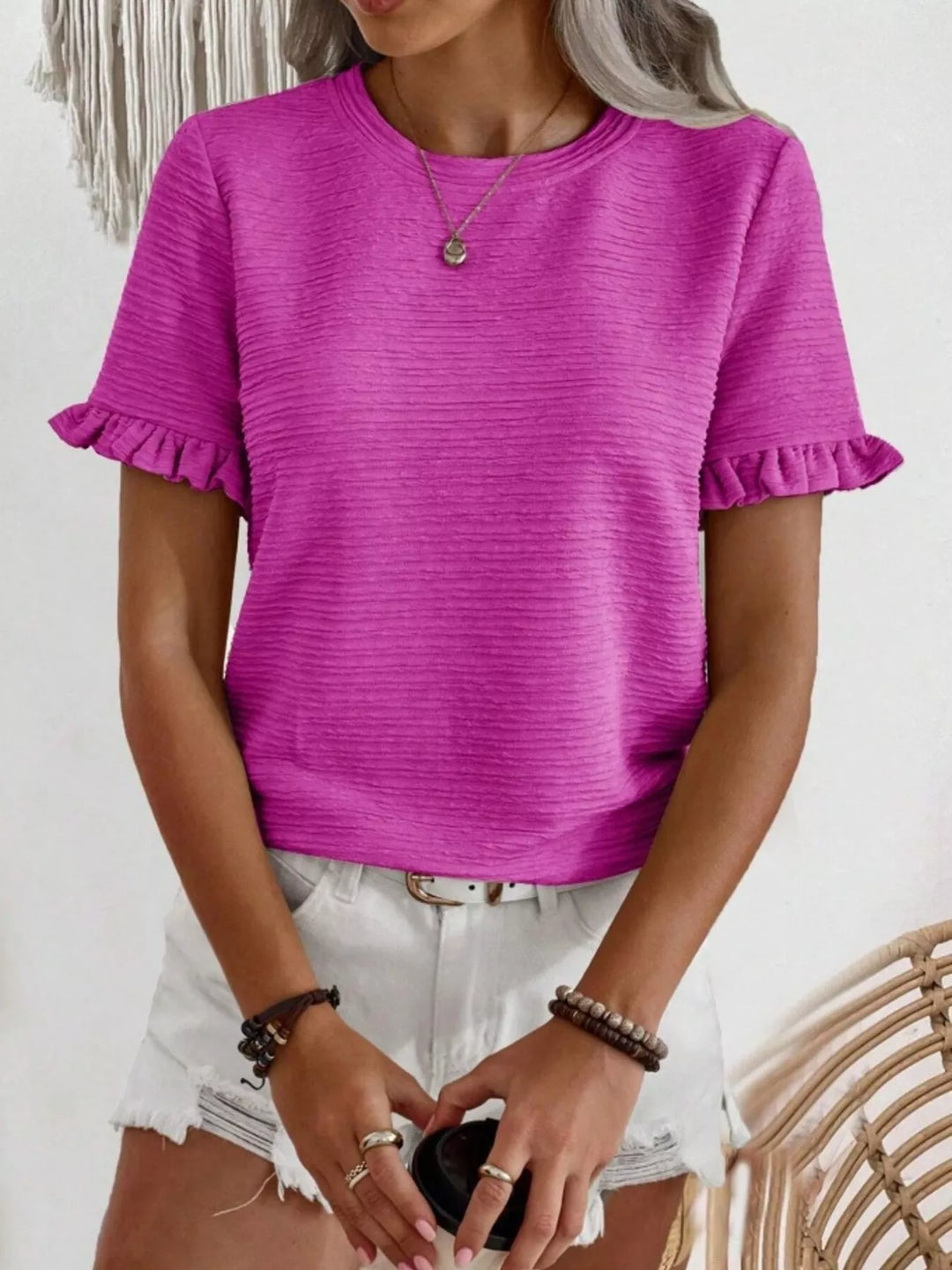 Rose Red Ruffle-cuff crew neck top with crinkle texture