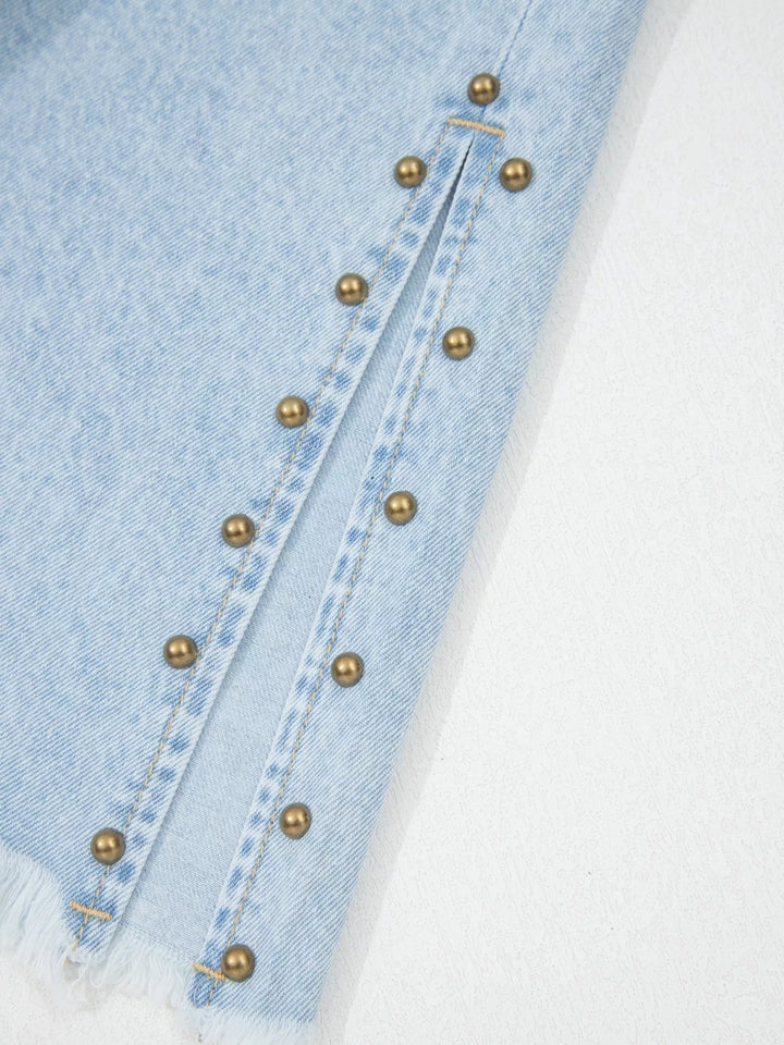 Studded wide leg jeans with side slits and frayed hem