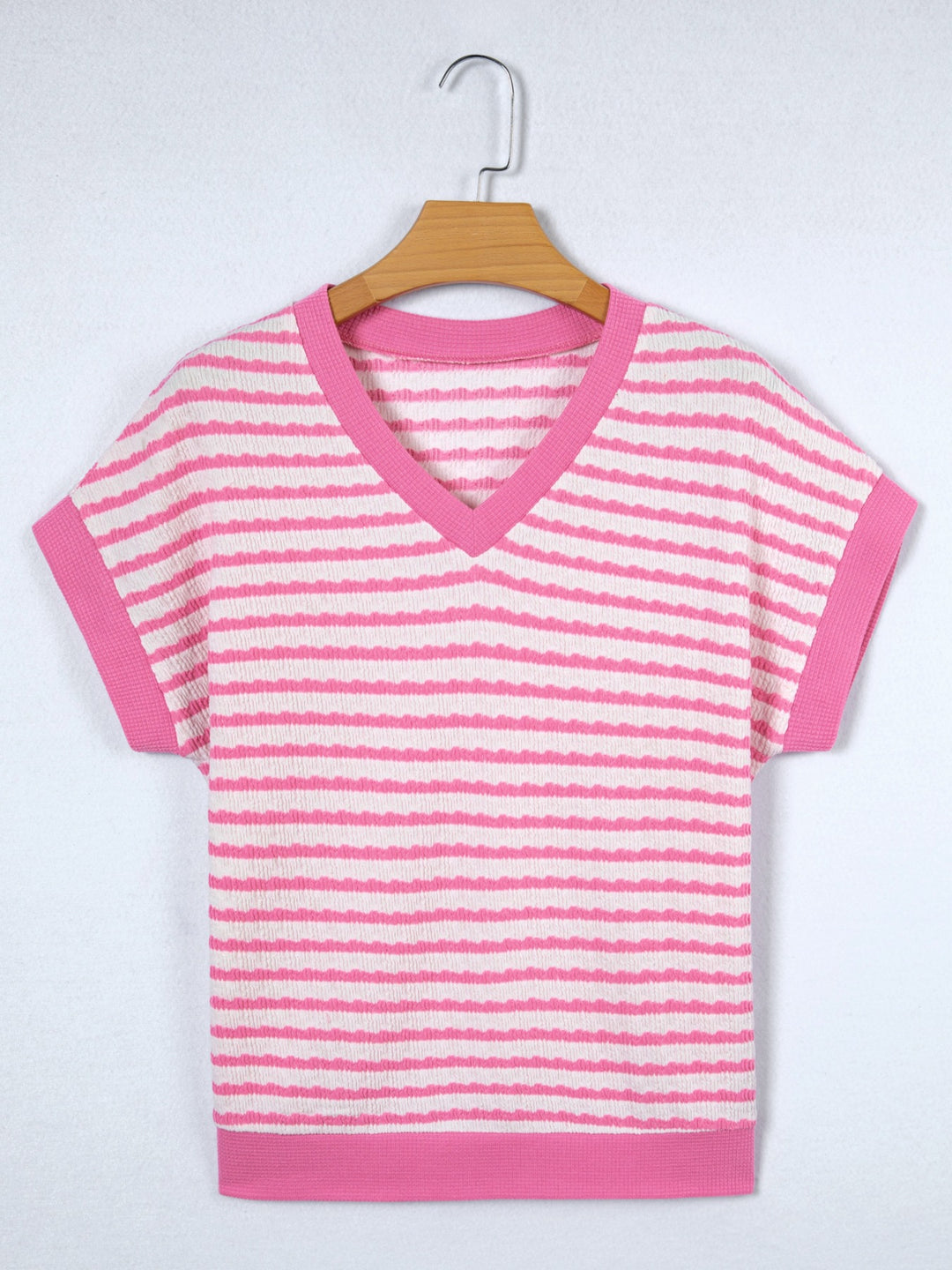 Striped textured knit V-neck top with waffle trim