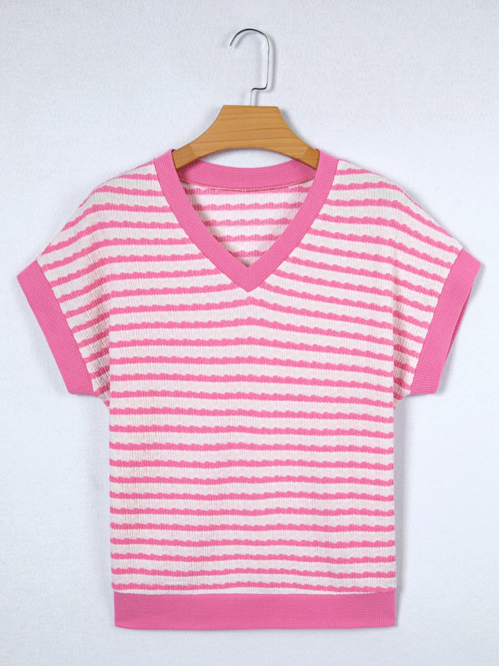 Striped textured knit V-neck top with waffle trim