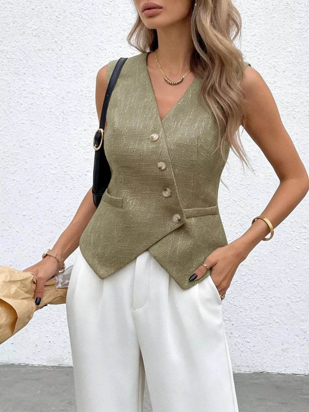 Yellow-Green Asymmetrical sleeveless vest with diagonal button placket