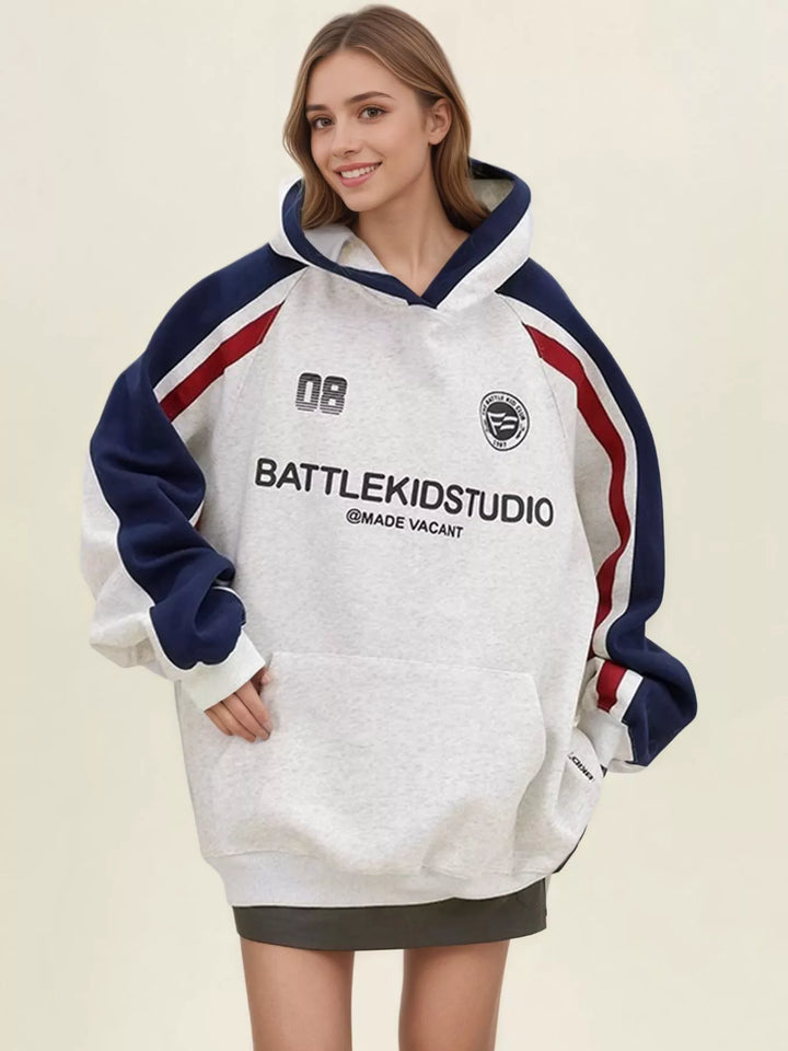 Oversized color-block raglan hoodie with racing stripes