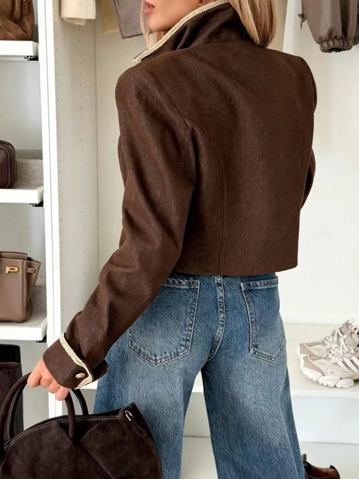 Double-breasted cropped jacket with contrast braid trim