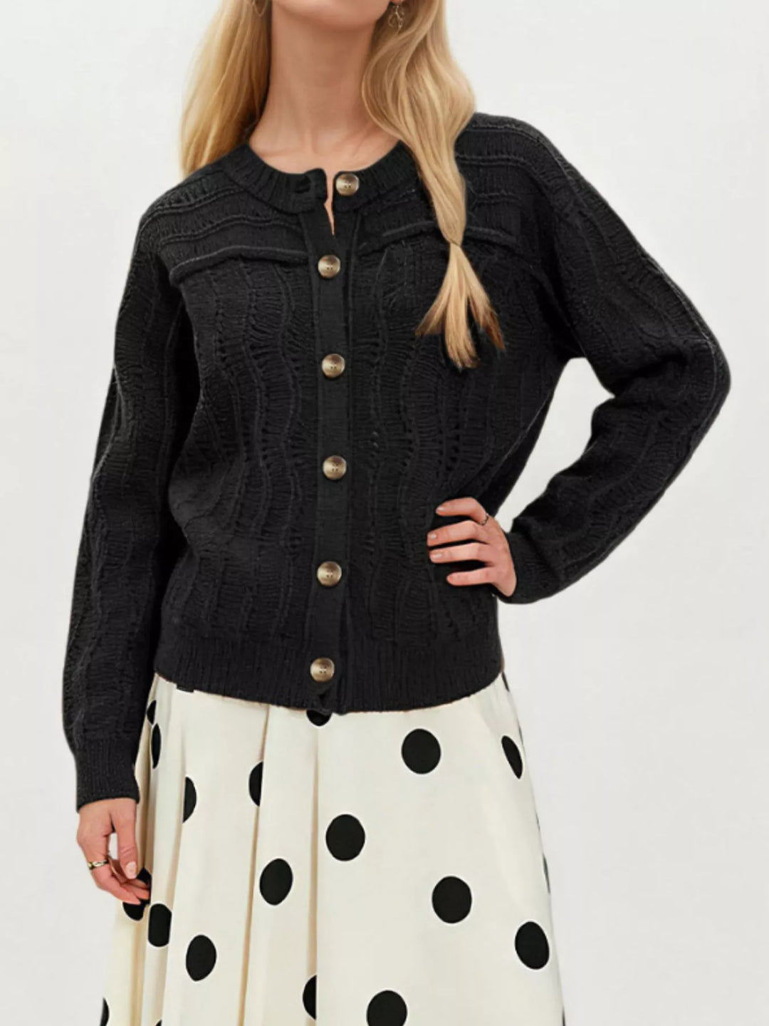 Openwork pointelle knit button-down cardigan