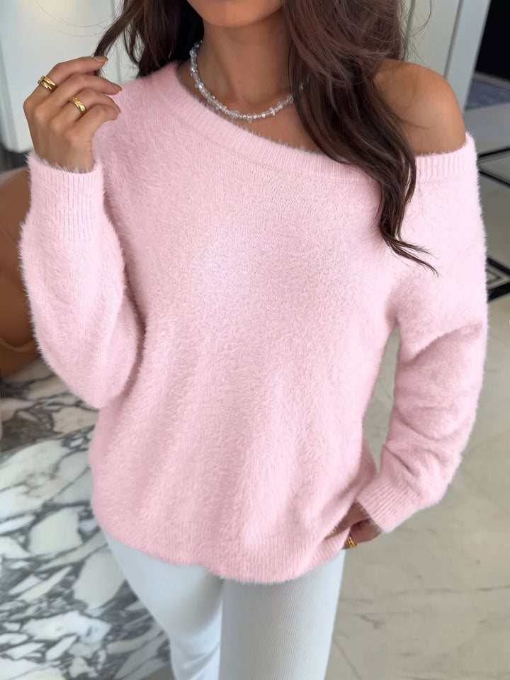 Pink Fuzzy eyelash knit off-shoulder pullover sweater