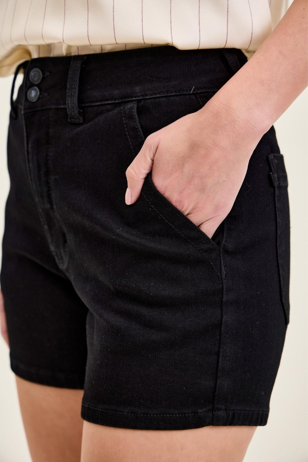 High-waisted trouser denim shorts with double-button waist