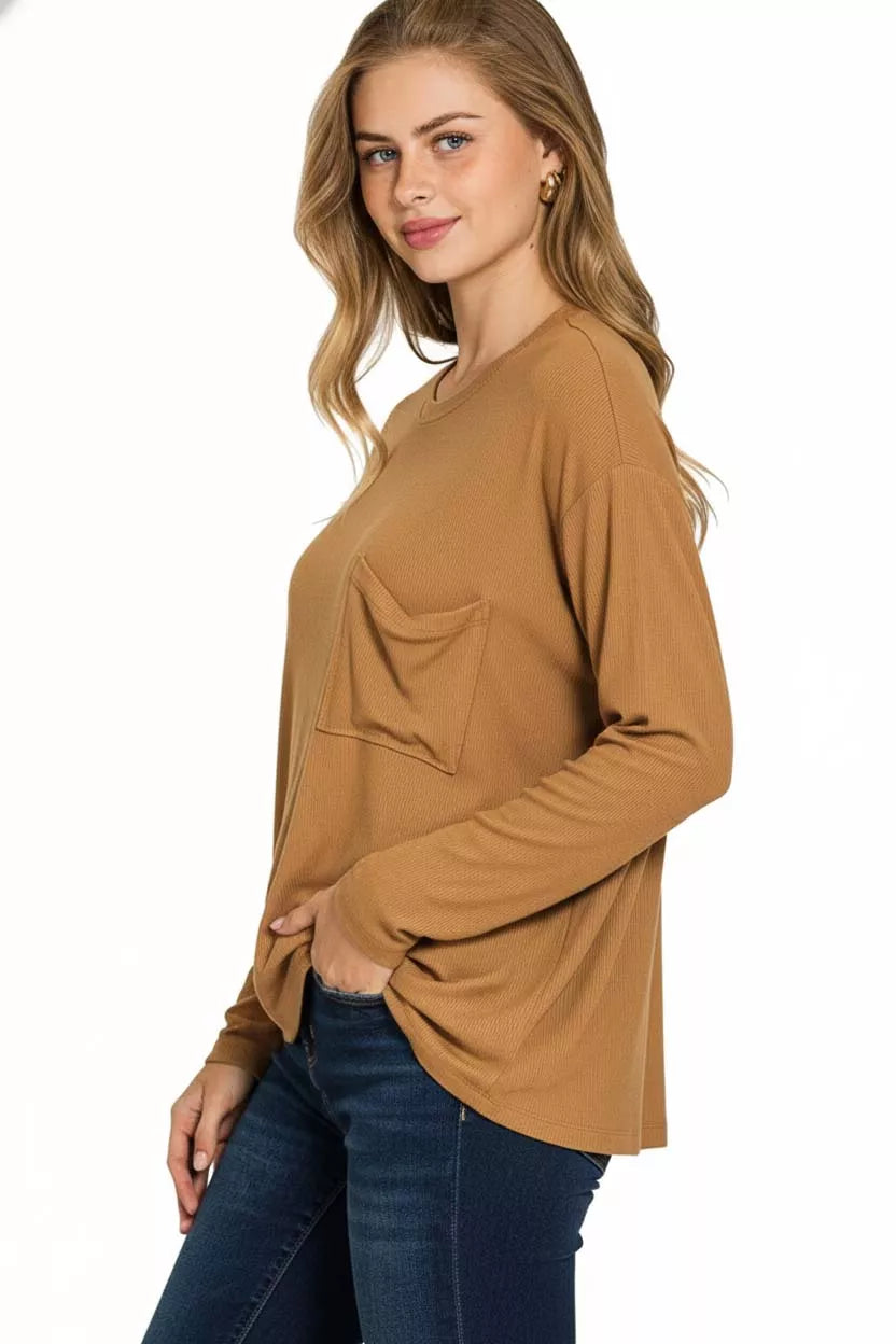 Ribbed dolman sleeve top with chest pocket