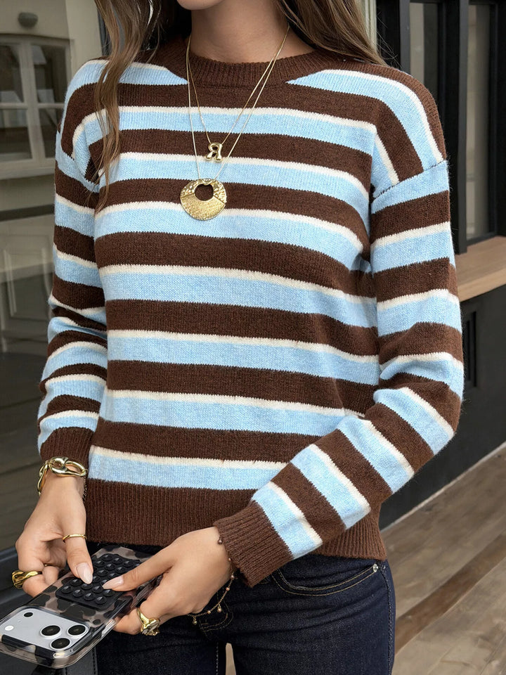 Stripe Striped crew neck pullover sweater with drop shoulders