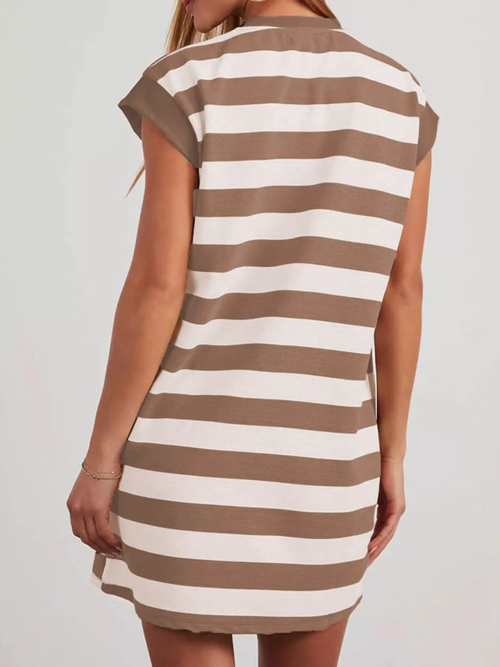 Striped cap sleeve mini dress with side pockets