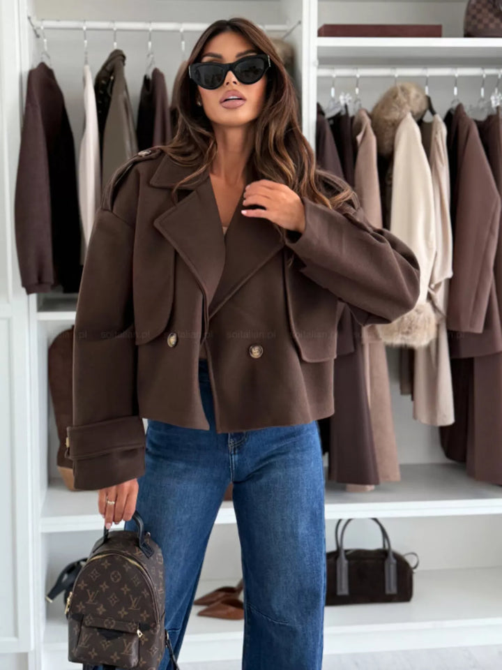Double-breasted cropped coat with notch lapels and button cuffs