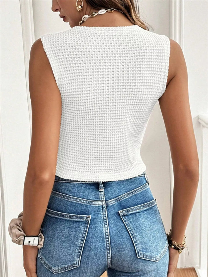 Waffle-knit sleeveless button-front vest top