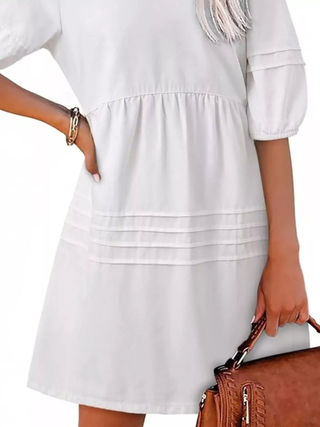 V-neck puff sleeve denim mini dress with pintuck pleating