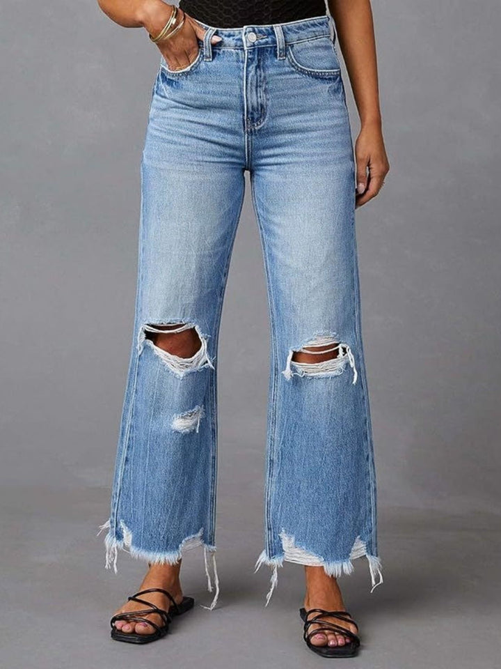 High-rise distressed flare jeans with frayed raw hem