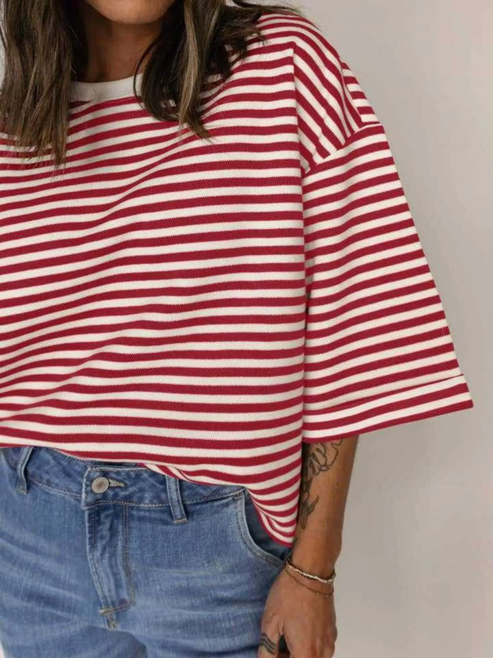Striped oversized tee with back bow tie and keyhole cutout