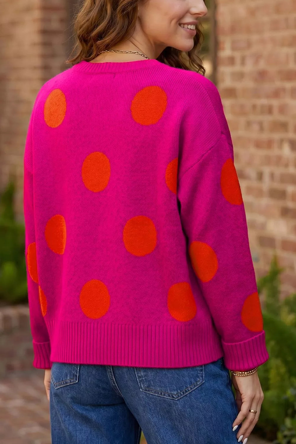 Polka dot drop shoulder crew neck sweater