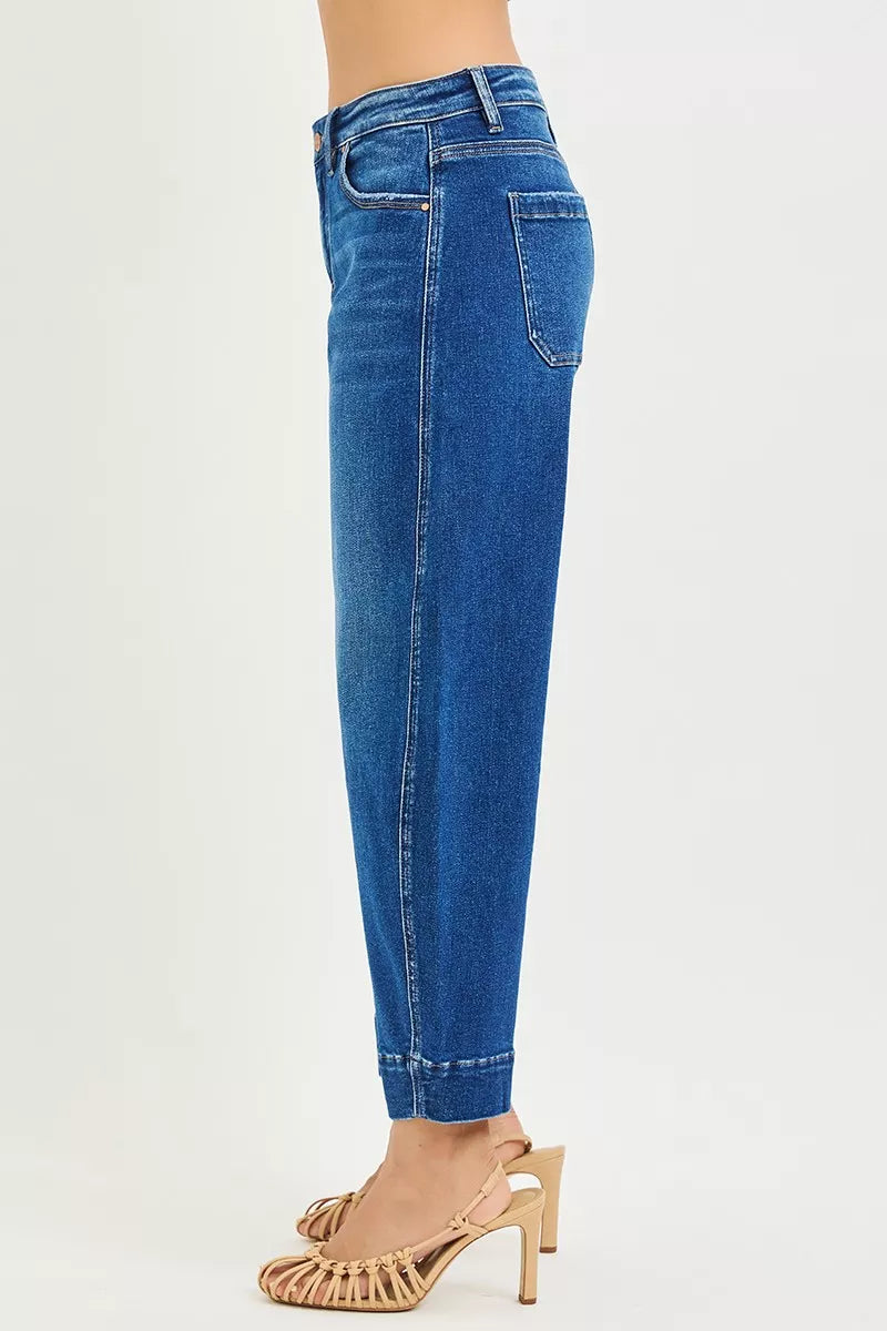 Mid-rise cropped barrel jeans with whisker fading