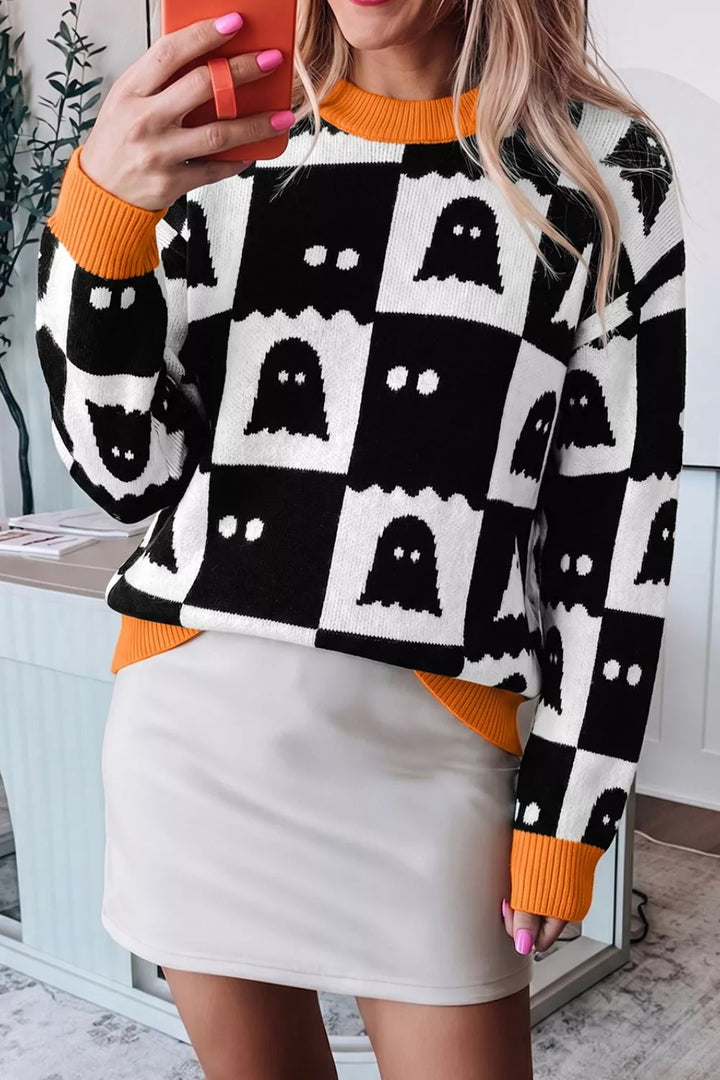 Ghost checkerboard knit sweater with contrast ribbed trim