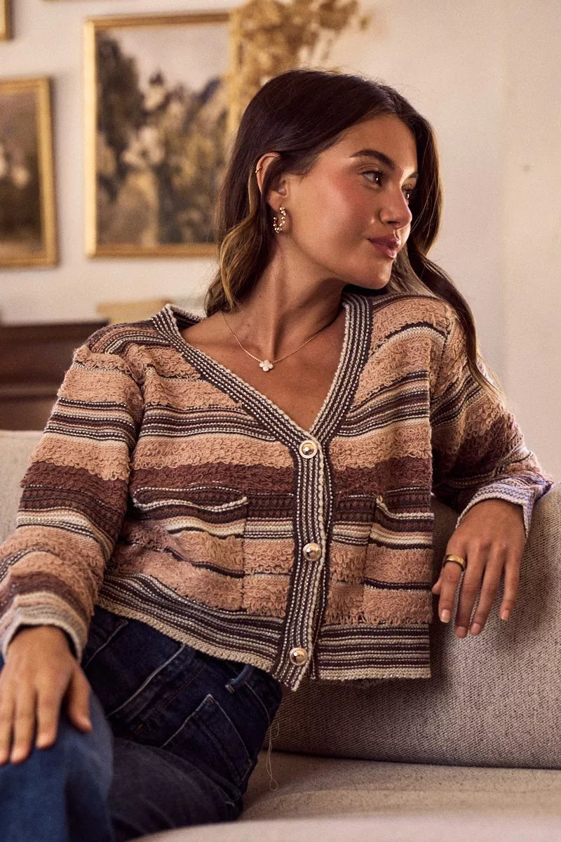 Textured stripe knit cropped cardigan with buttons and pockets