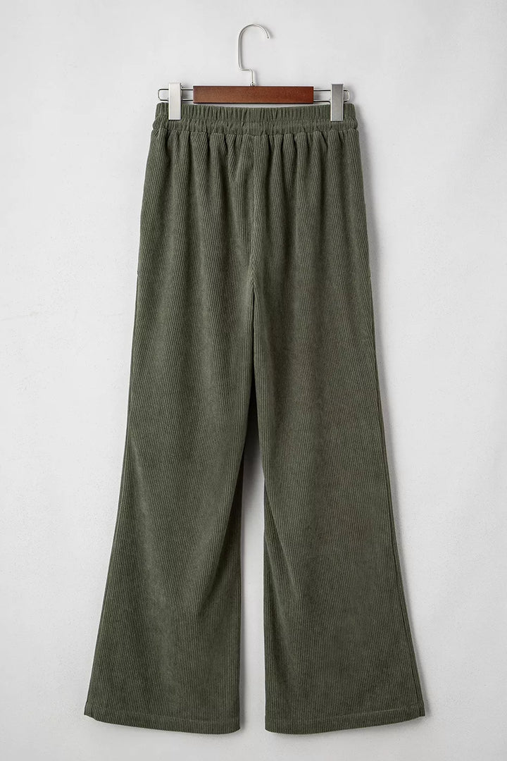 Drawstring corduroy wide leg pants with patch pockets
