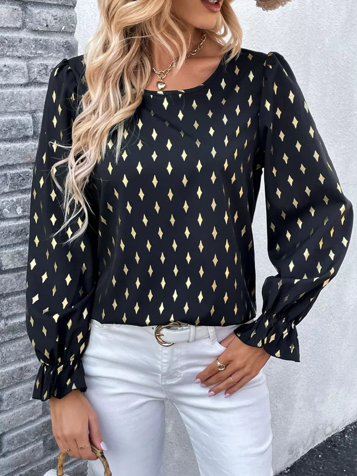 Metallic gold geometric print flounce sleeve blouse
