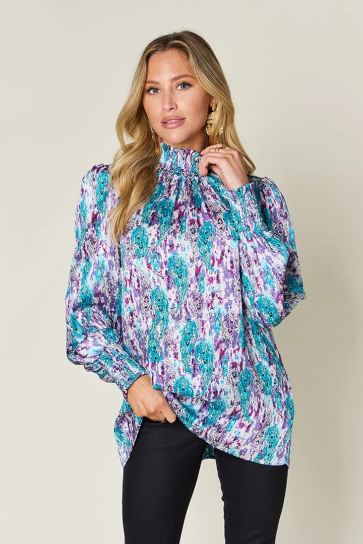 Sky Blue Printed smocked frill mock neck long sleeve blouse