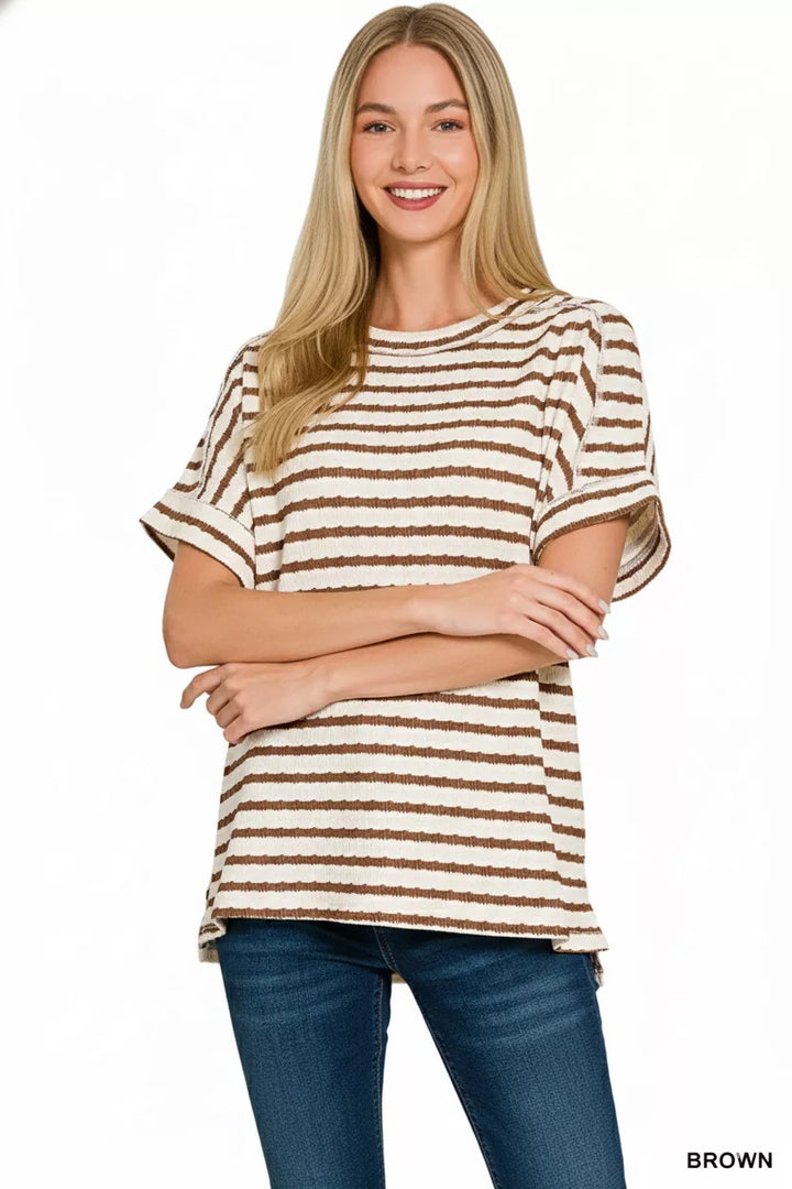 Textured stripe jacquard round neck tee