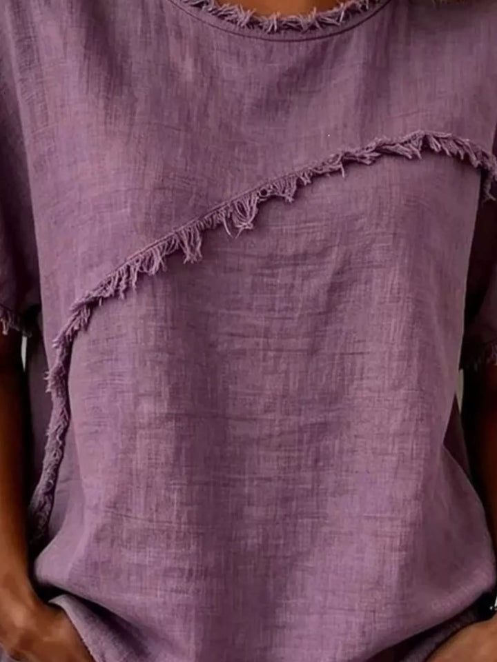 Frayed trim crew neck relaxed short sleeve top