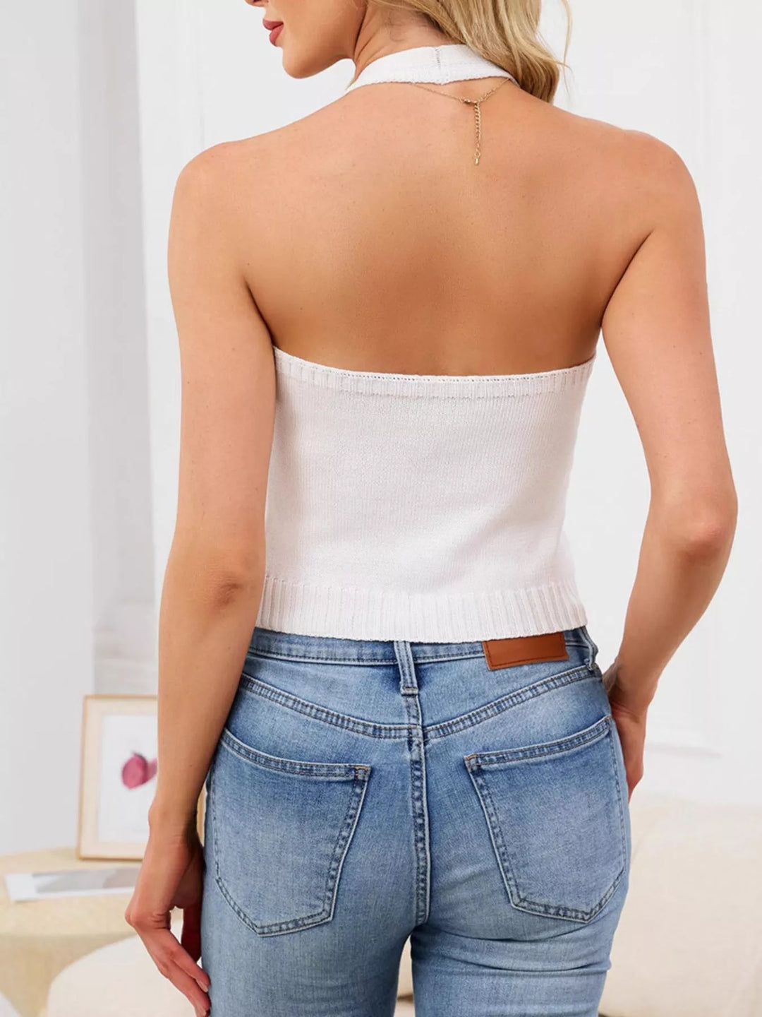 Halter neck button-down knit sweater vest with contrast pocket