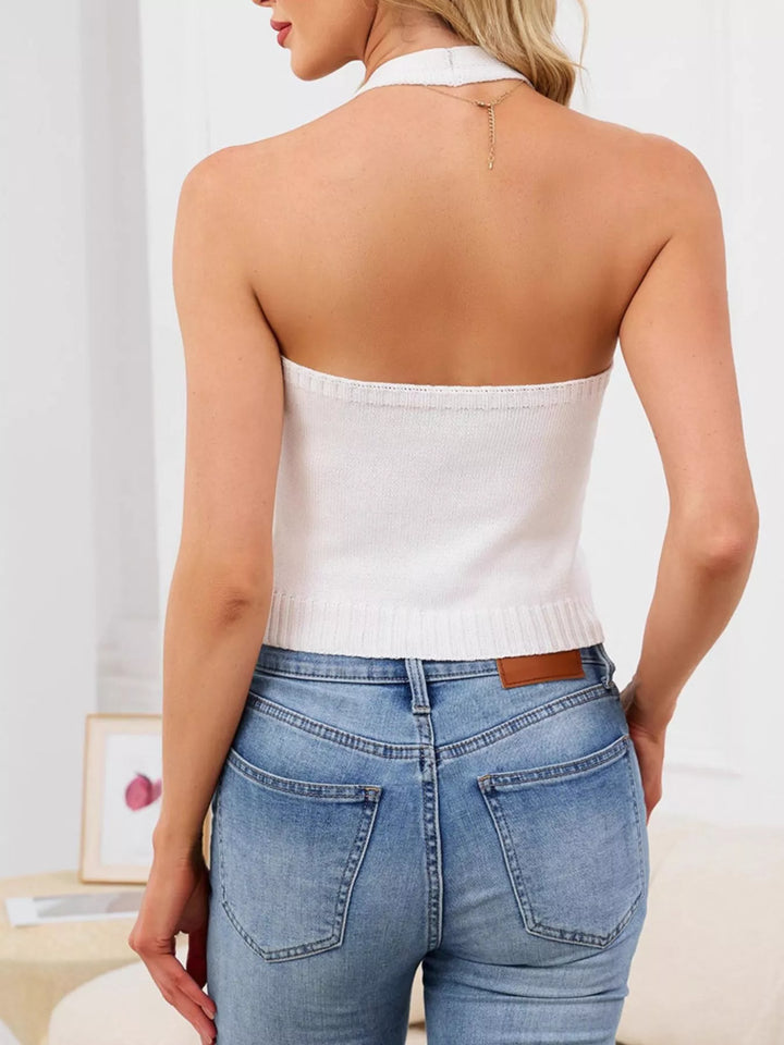 Halter neck button-down knit sweater vest with contrast pocket