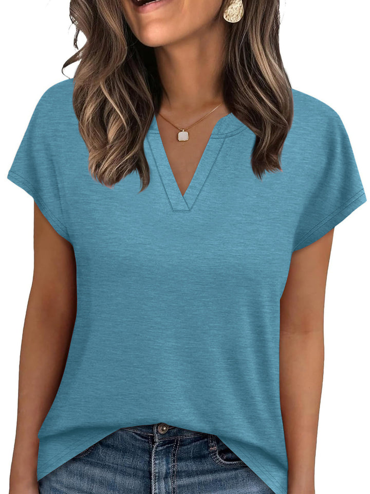 Blue Notched V-neck short sleeve relaxed knit top