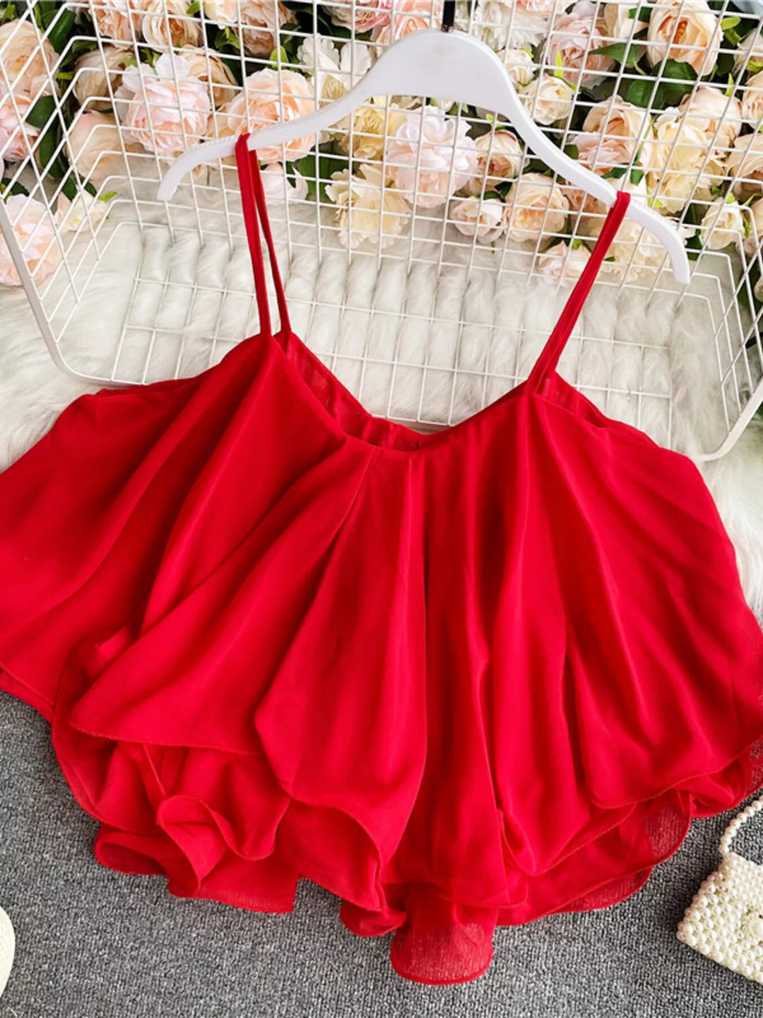 Red Flowy chiffon cami with ruffled hem and V-neck