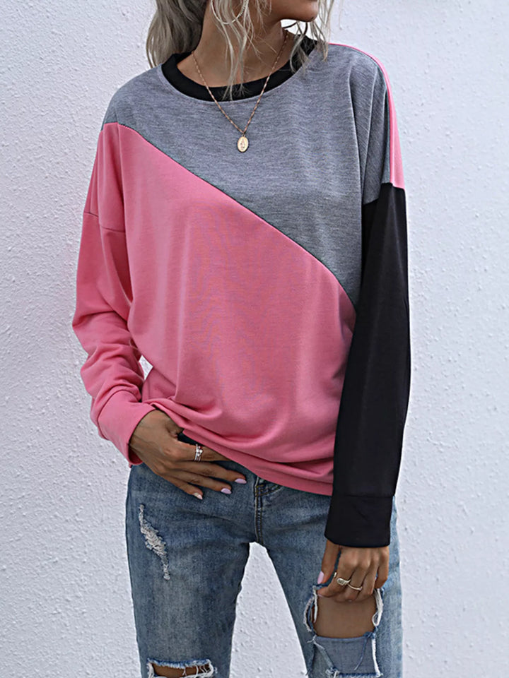 Pink Color block crew neck sweatshirt with drop shoulders