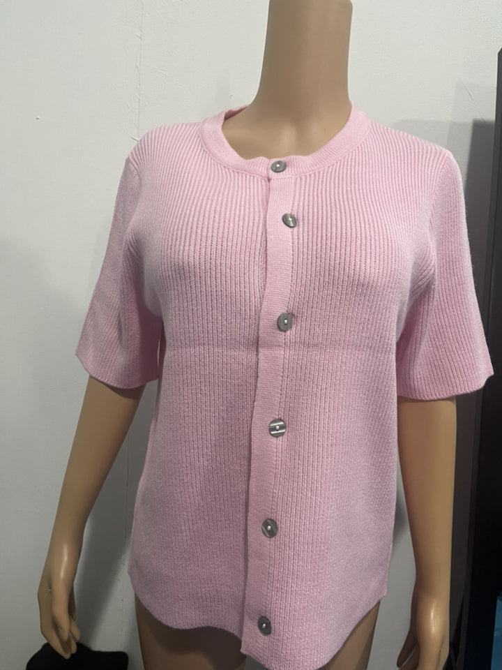 Ribbed knit short-sleeve button-down cardigan