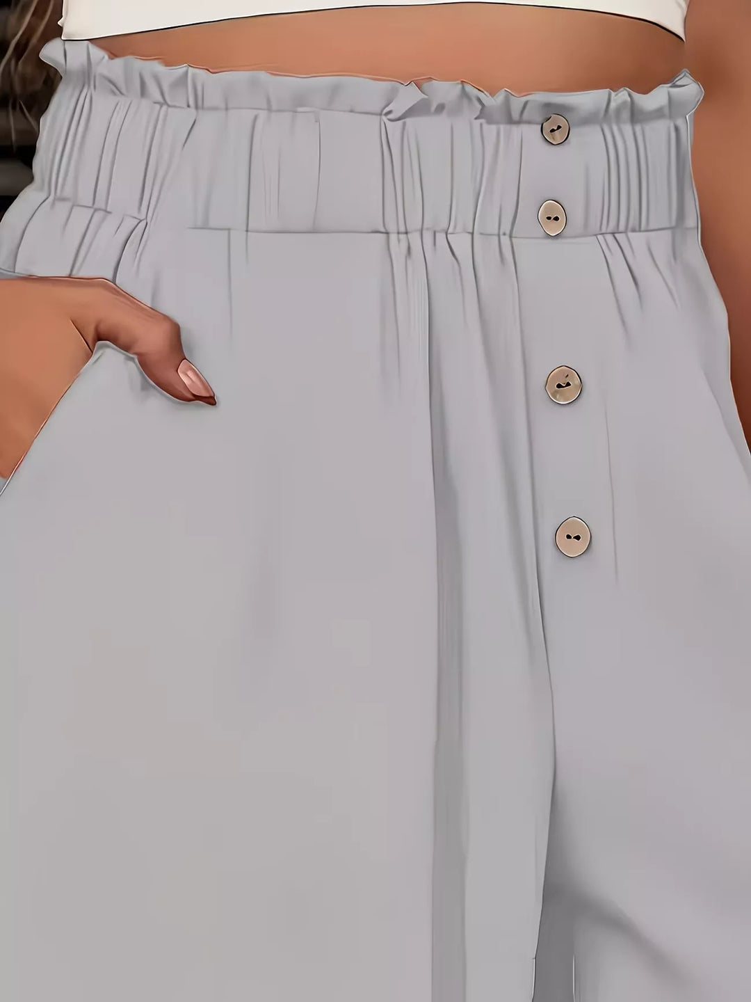 High-rise paper bag wide-leg pants with button front
