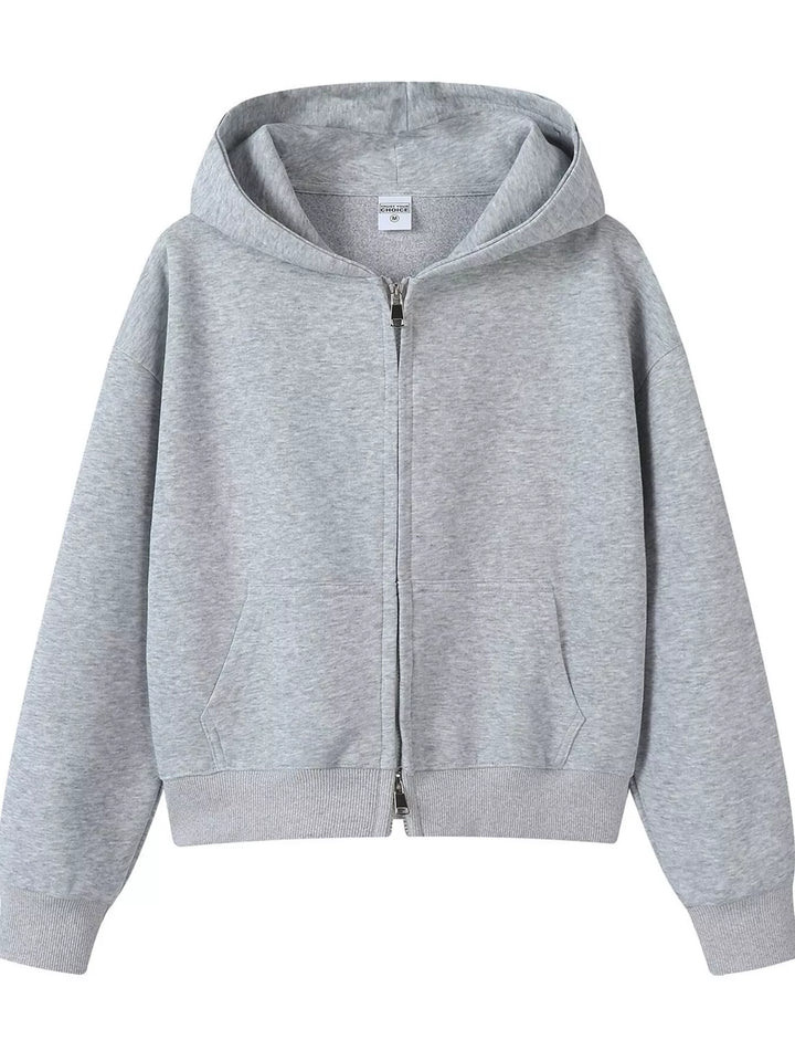 Gray Zip-up hoodie with front pockets and ribbed cuffs