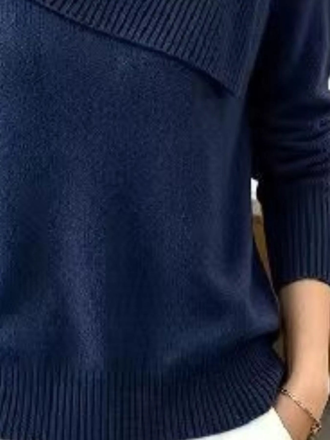 Asymmetric foldover ribbed collar knit pullover sweater