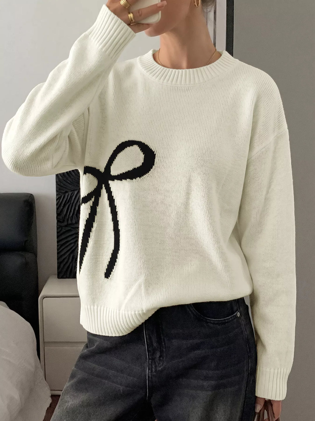 Off-white Bow graphic knit crewneck pullover sweater