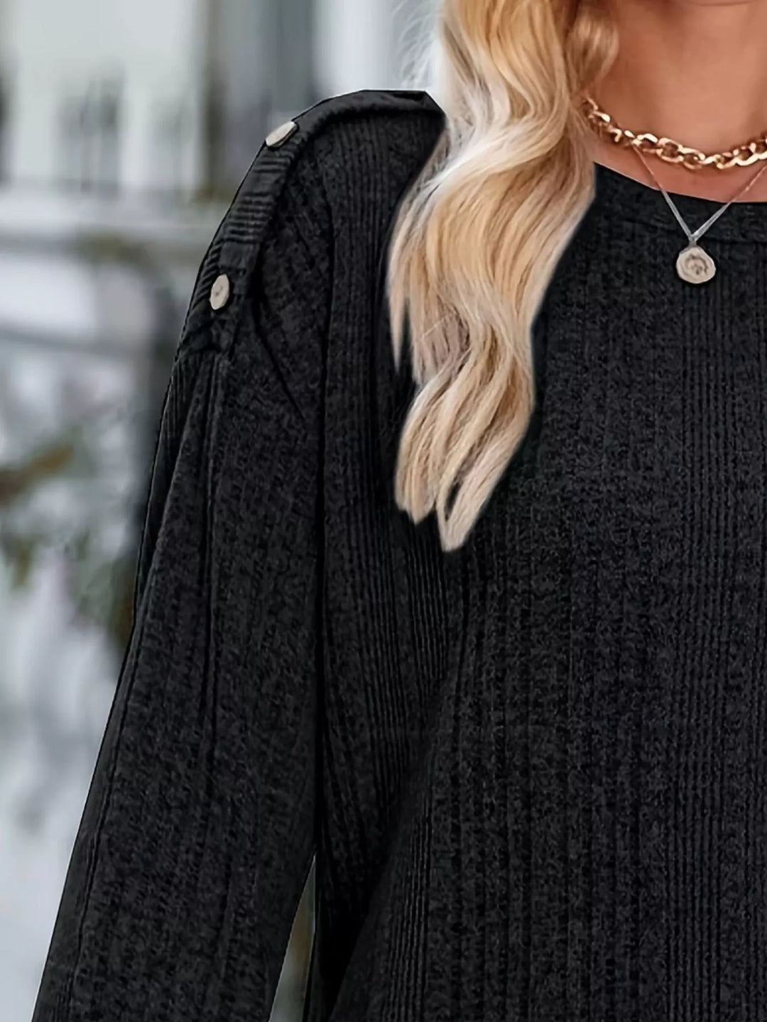 Ribbed knit boat neck top with shoulder buttons