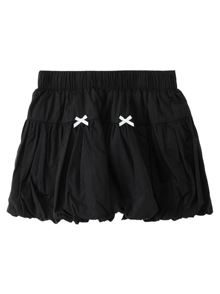 Bubble hem mini skirt with bow trim and elastic waist