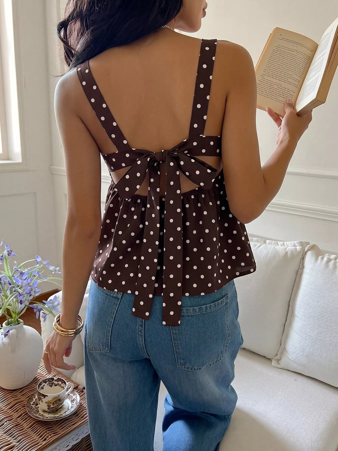 Polka dot square neck peplum cami with tie back