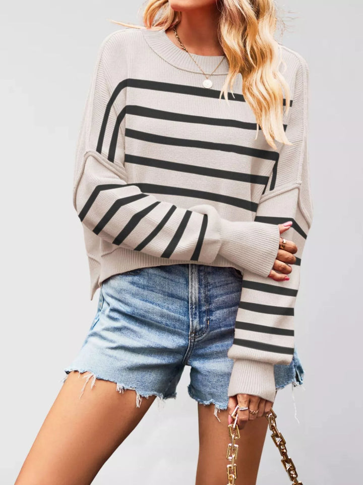 Black Apricot Color Matching Dropped shoulder crew neck sweater with ribbed raw hem