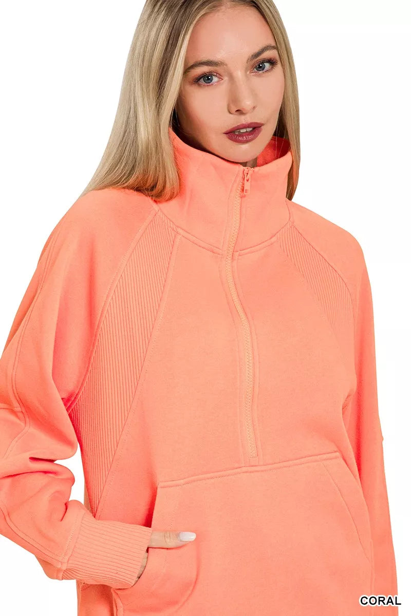 Half-zip fleece pullover with kangaroo pocket and ribbed trim