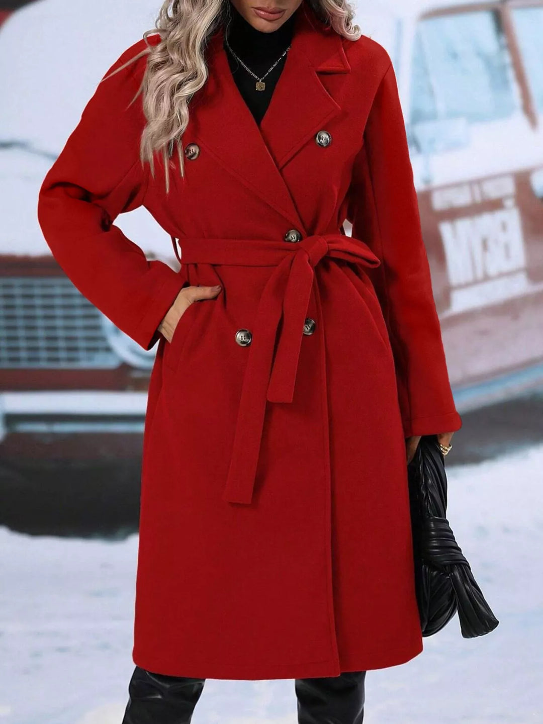 Double-breasted tie-waist long coat with notch lapels