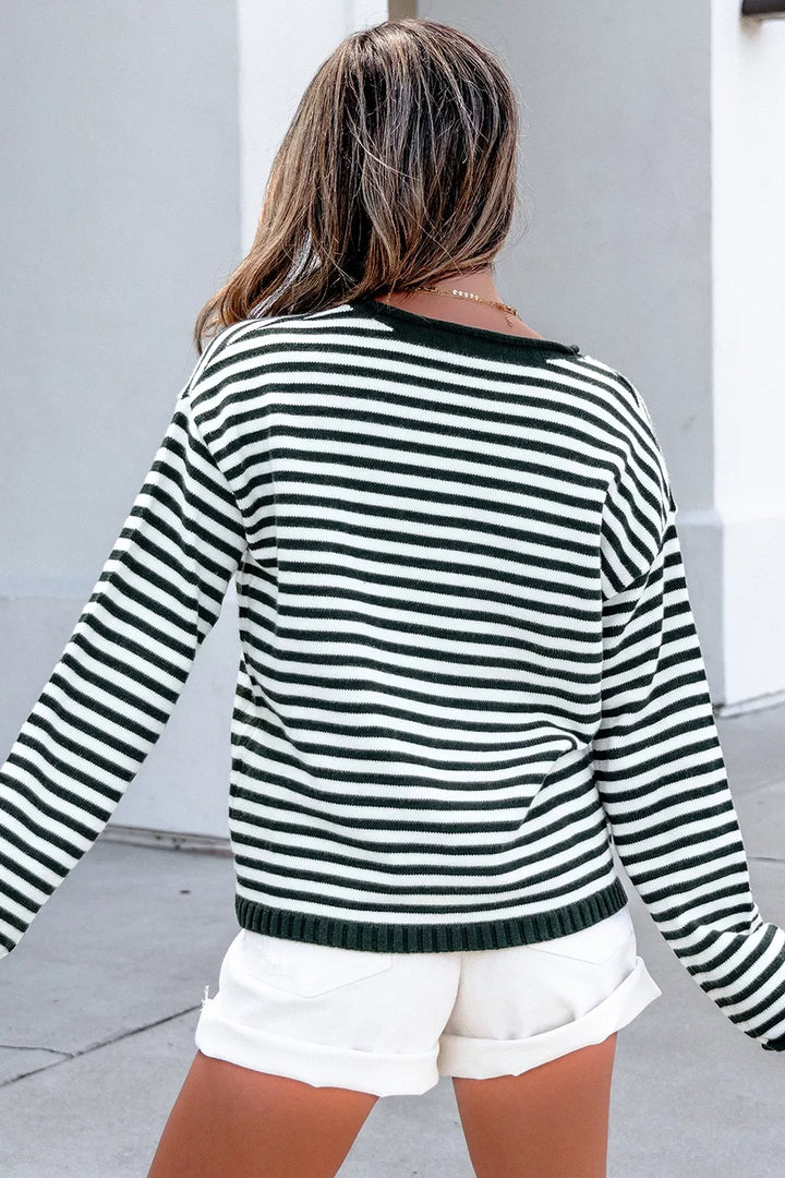Striped drop shoulder henley sweater with button placket