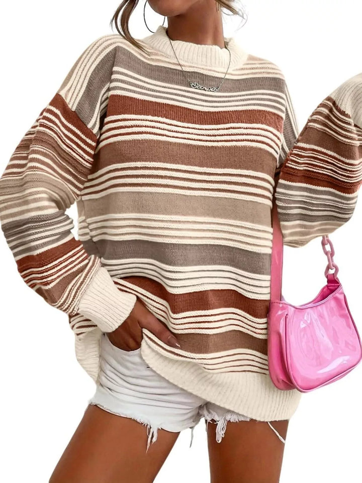 Striped mock neck relaxed knit pullover sweater