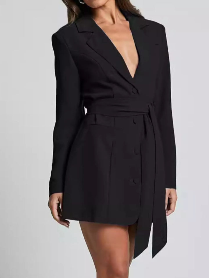 Tie-waist blazer dress with notch lapel and side slit