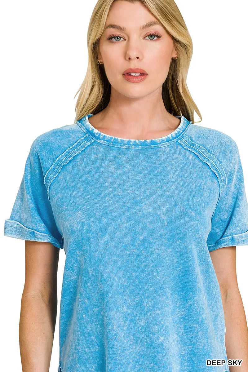 Washed French terry short-sleeve top with curved hem and side slits