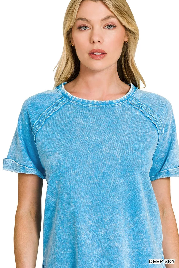 Washed French terry short-sleeve top with curved hem and side slits