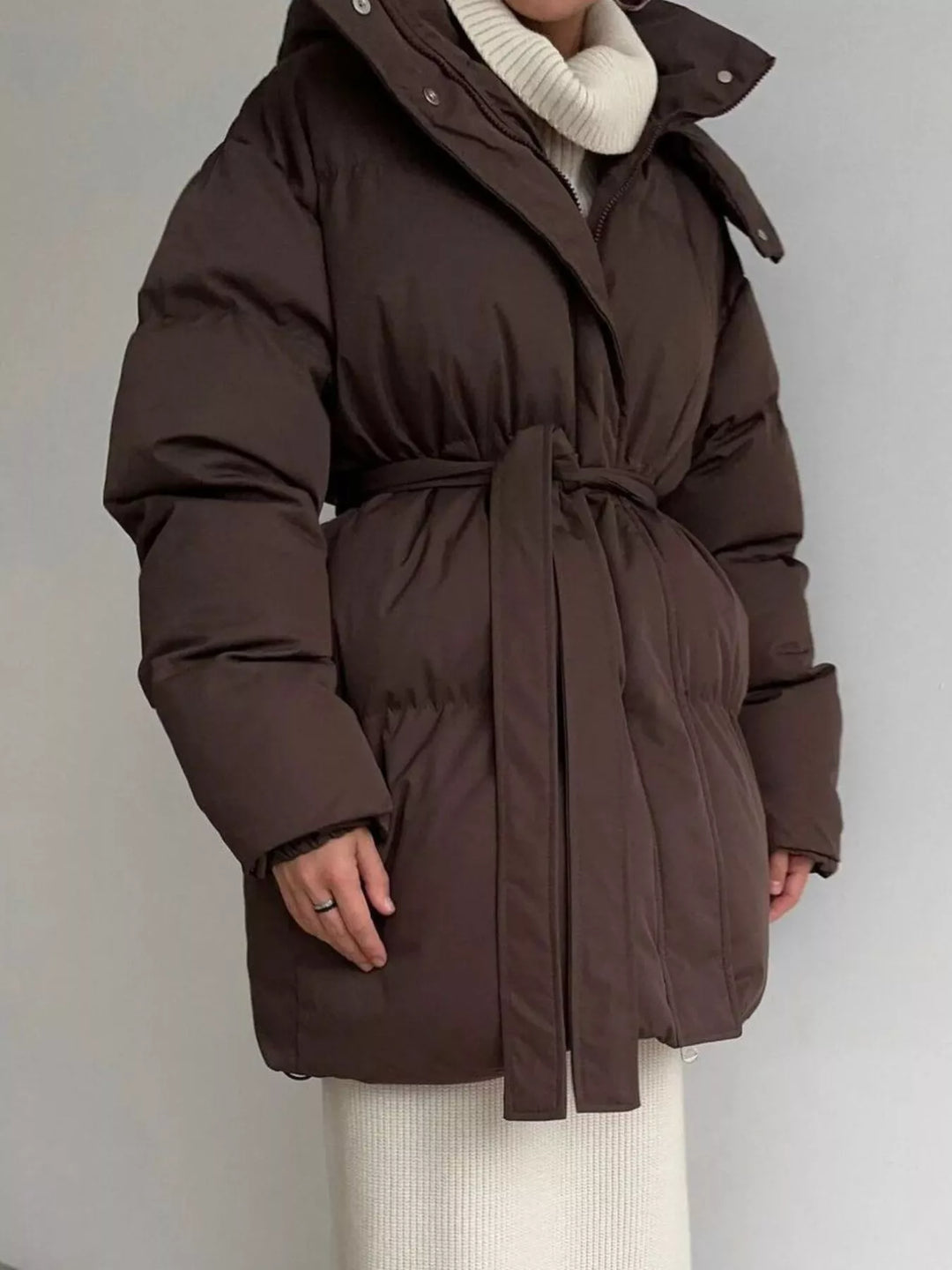 Belted puffer winter coat with snap-off hood